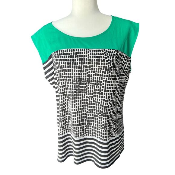 Calvin Klein Top Womens sz L Large Color block striped mosaic cap sleeves office - Picture 1 of 7